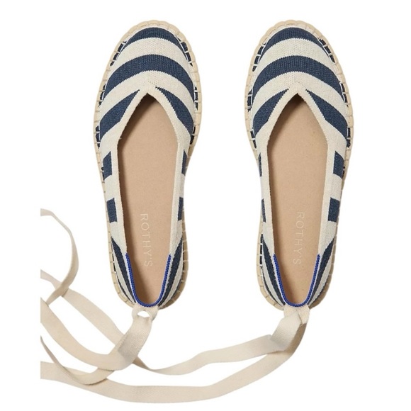 NEW Rothy’s Navy + Off-White Striped Espadrilles, Optional Ankle Ties, sz 6.5 - Picture 4 of 8